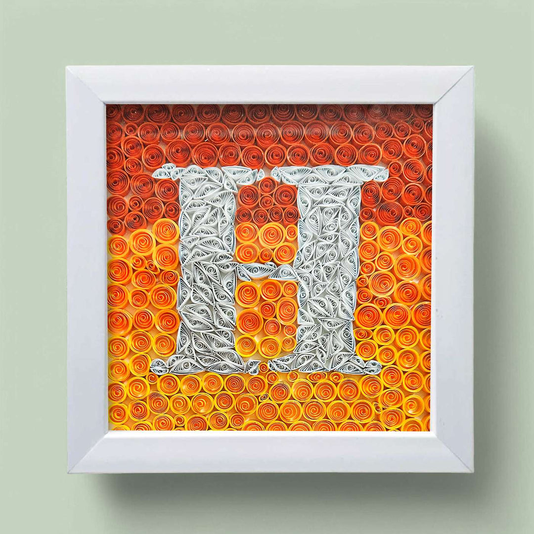Personalized Handmade Quilling Monogram Orange Dual Color Framed Desk Name Plate