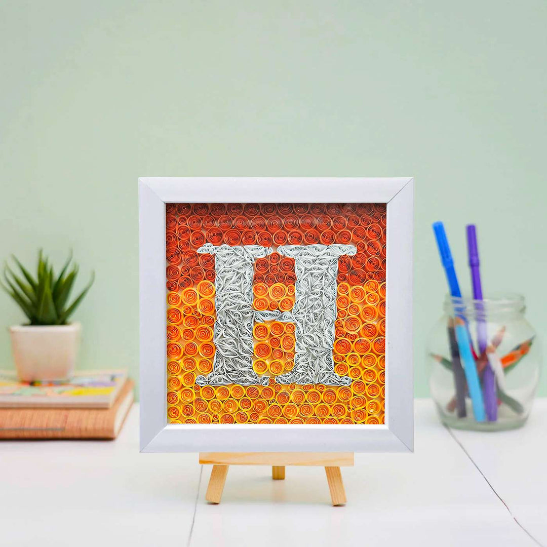 Personalized Handmade Quilling Monogram Orange Dual Color Framed Desk Name Plate