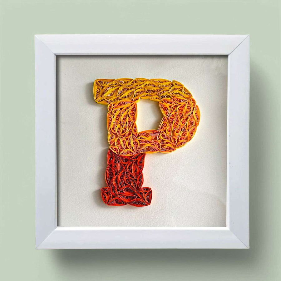 Personalized Handmade Quilling Name Initials Framed Desk Name Plate - Front View in White Frame