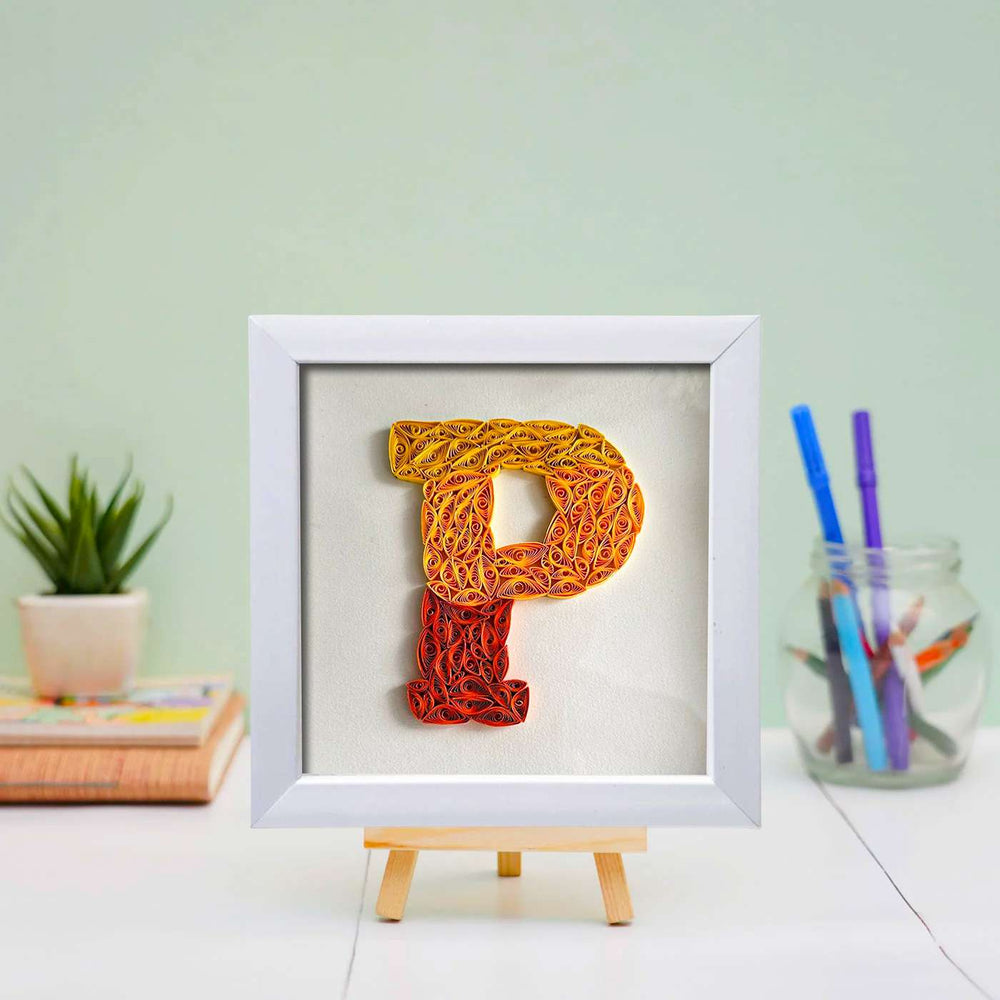 Personalized Handmade Quilling Name Initials Framed Desk Name Plate - Front View on Mini Easel Stand