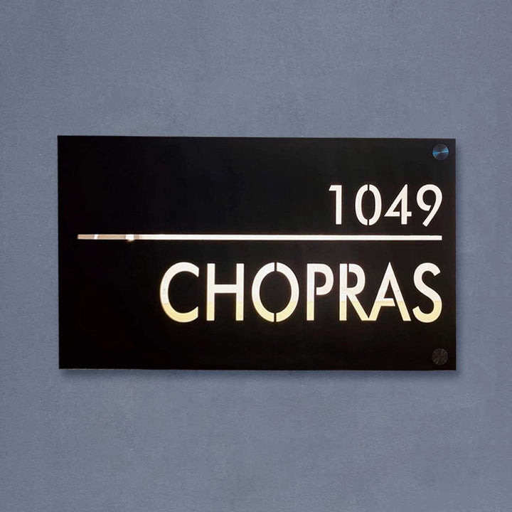 Personalized Waterproof Black Laser Cut Metal Led Name Plate - Mounted on Wall Front View