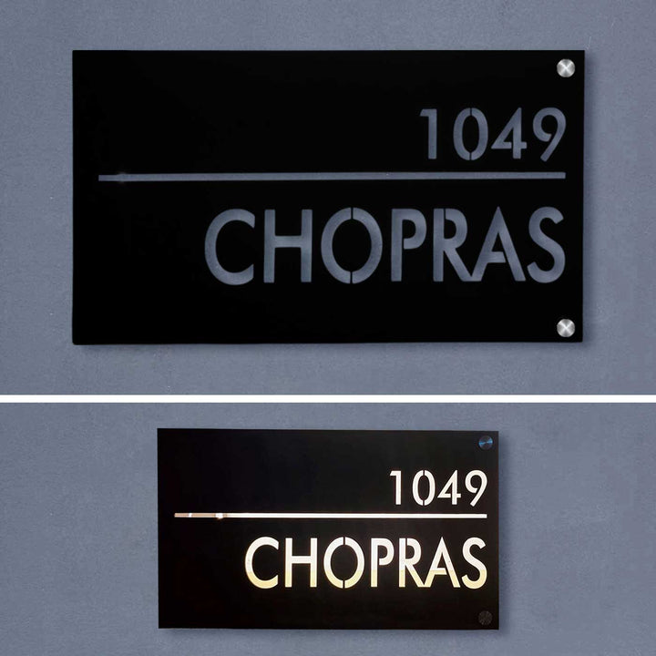 Personalized Waterproof Black Laser Cut Metal Led Name Plate - Front View Mounted on Wall