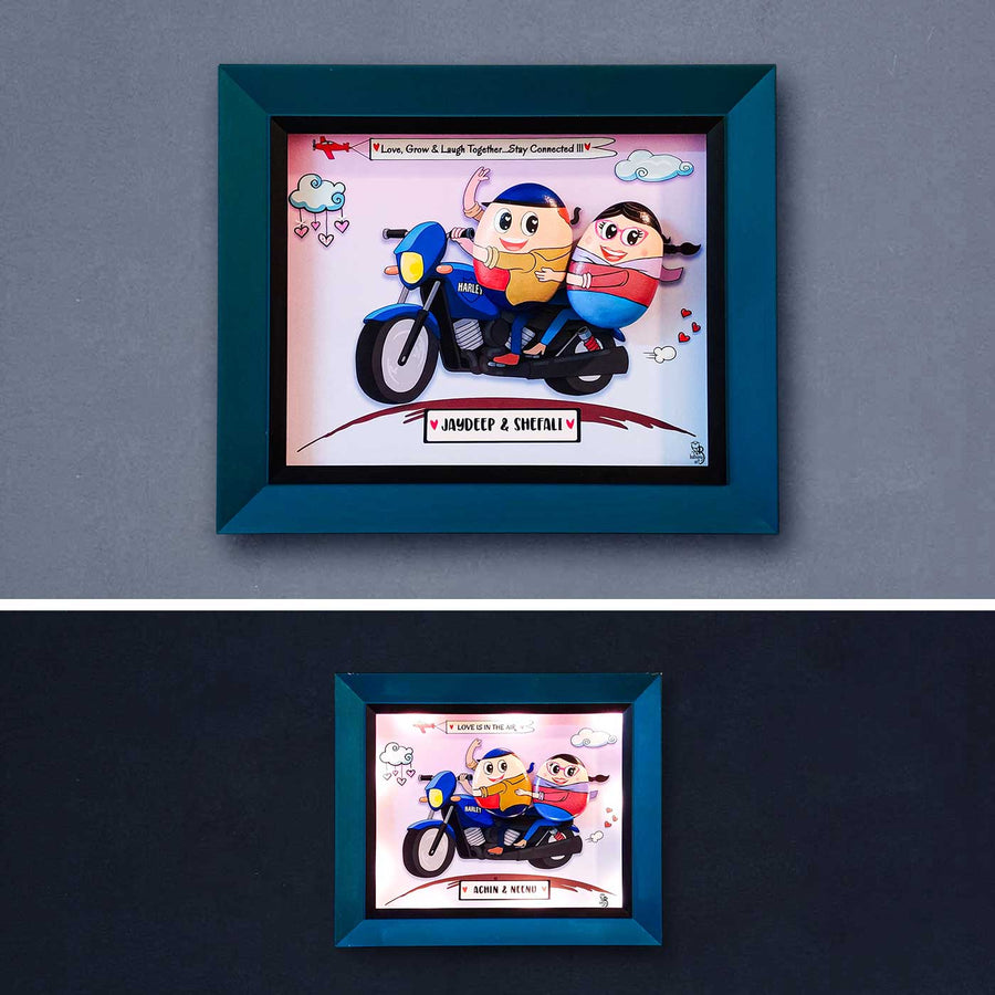 Personalized Pebble Art Bike Roadtrip Wooden Name Plate With Lights - Mounted on Wall Front View