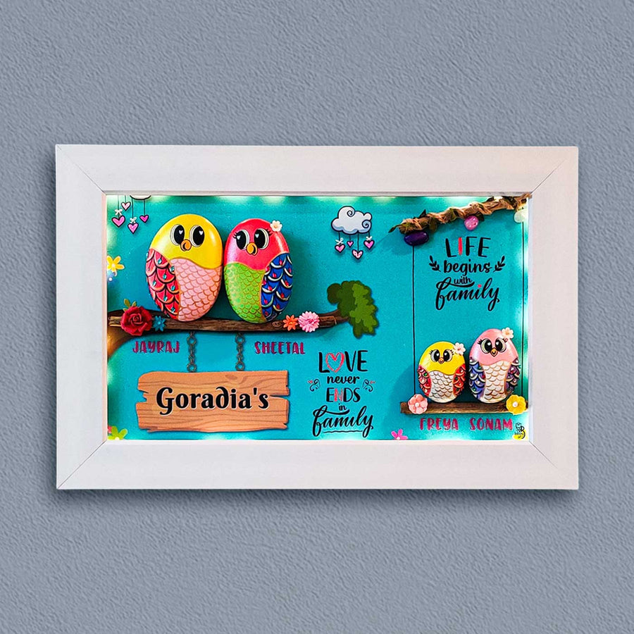 Personalized Pebble Art Bond Bonanza Wooden Name Plate With Lights - Front View Hanging on Wall
