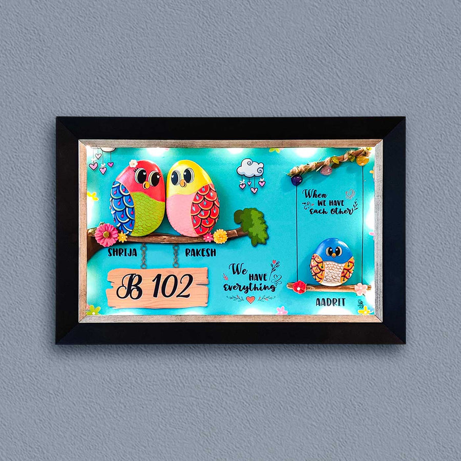 Personalized Pebble Art Embraced With Love Wooden Name Plate With Lights - Framed Wall Hanging with Name Personalization