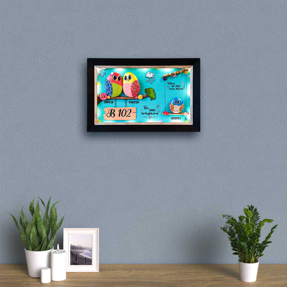Personalized Pebble Art Embraced With Love Wooden Name Plate With Lights - Framed Artwork Hanging on Wall