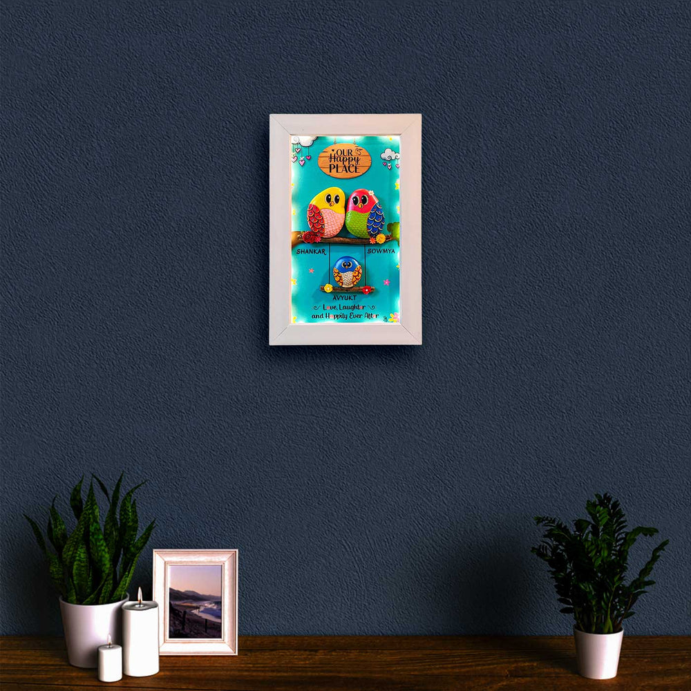 Personalized Pebble Art Joyful Family Nest Wooden Name Plate With Lights - Framed Artwork Mounted on Wall