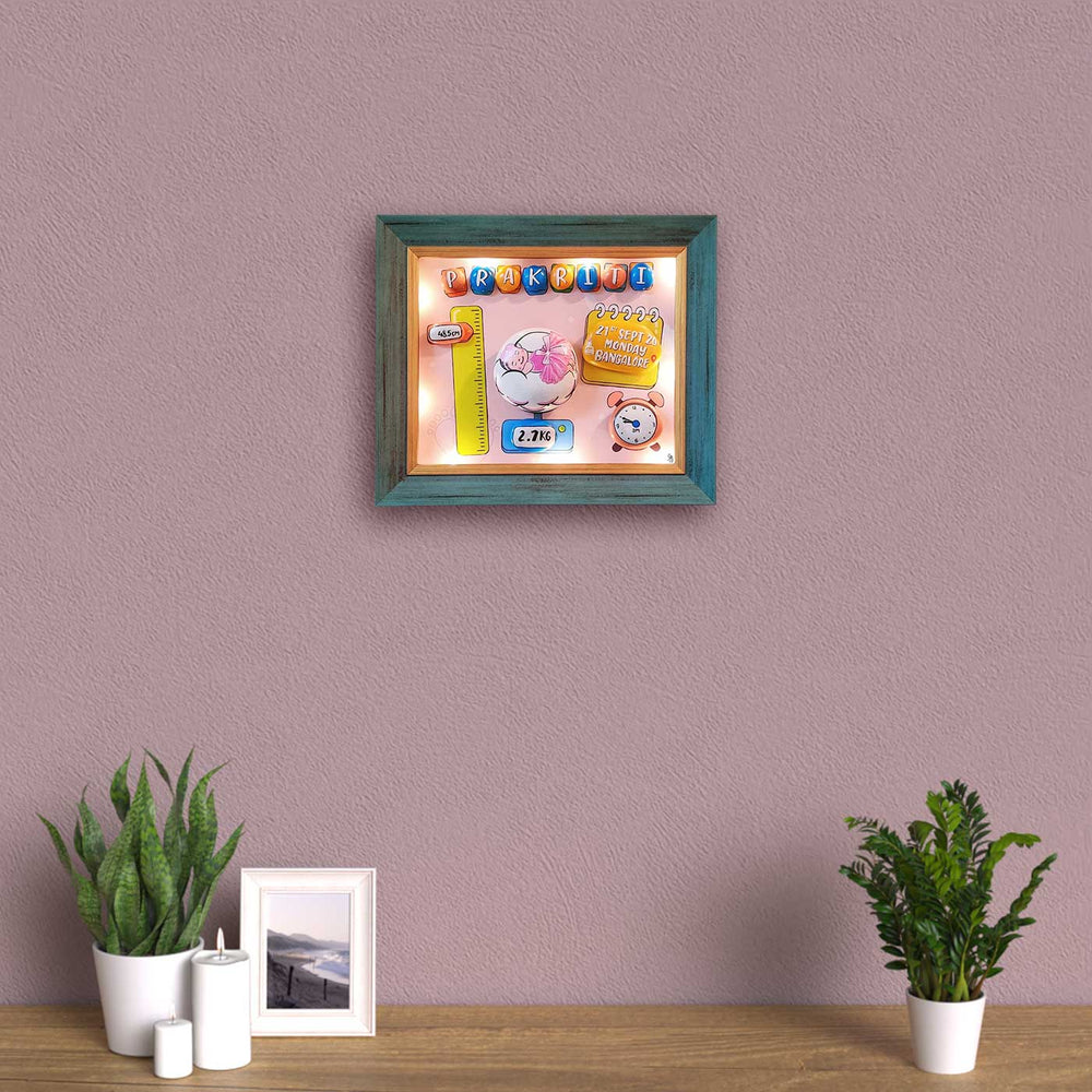 Personalized Pebble Art Little Angel Paradise Wooden Name Plate With Lights - Mounted on Wall Above Plants