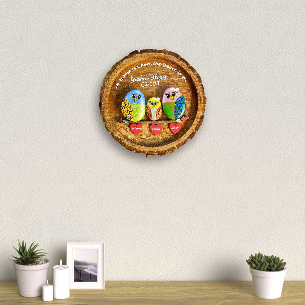 Personalized Pebble Art Round Lively Family Wooden Name Plate - Mounted on Wall Above Tabletop Decor