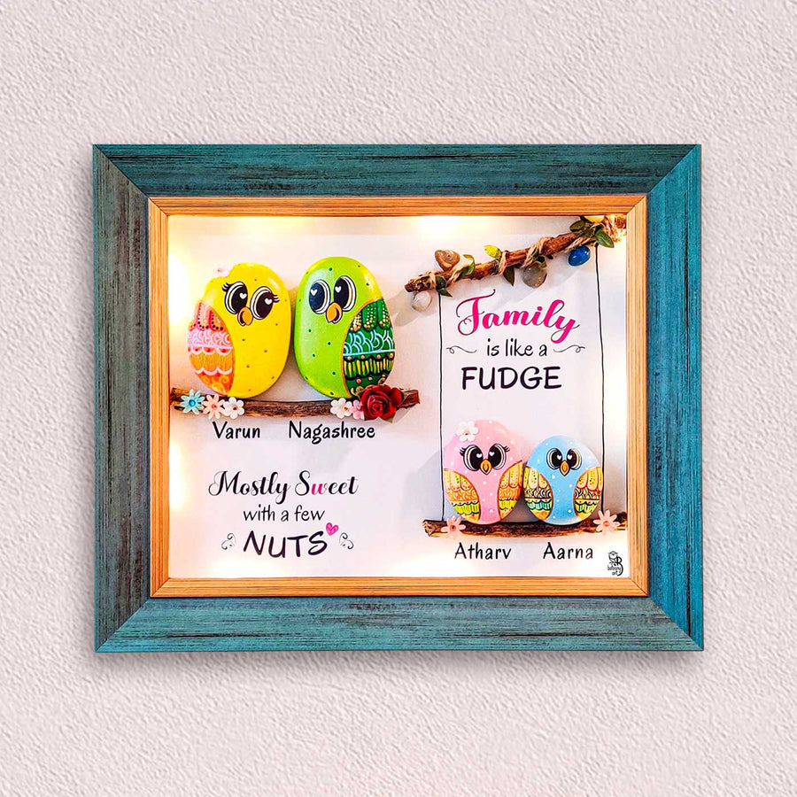 Personalized Pebble Art Tree Top Harmony Wooden Name Plate With Lights - Framed Wall Hanging Front View
