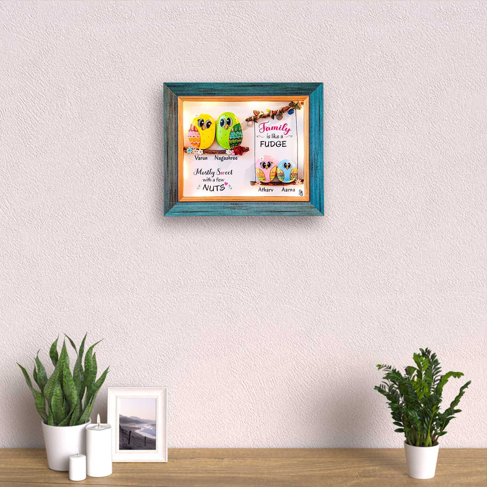 Personalized Pebble Art Tree Top Harmony Wooden Name Plate With Lights - Framed Artwork Mounted on Wall
