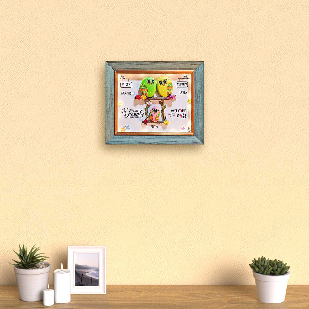 Personalized Pebble Art Trio Love Forever Wooden Name Plate With Lights - Mounted on Living Room Wall