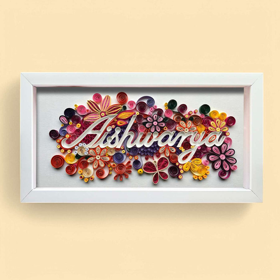 Personalized Quilling Multicolour Floral Theme Framed Name Plate - Front View with Name Personalization