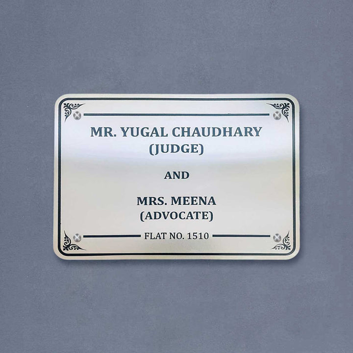 Personalized Waterproof Engraved Steel Name Plate - Front View on Flat Surface