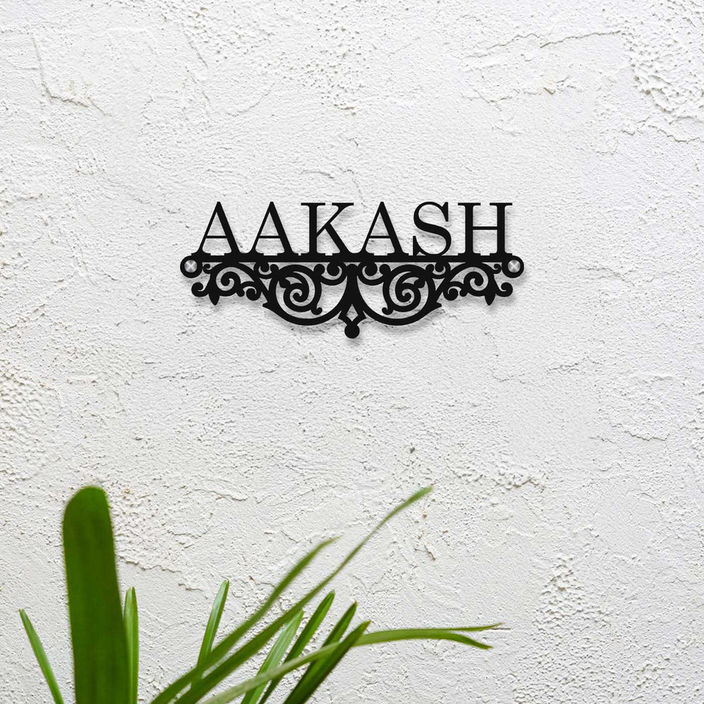 Personalized Laser Cut Minimalist Design Steel Name Plate - Mounted on Textured White Wall