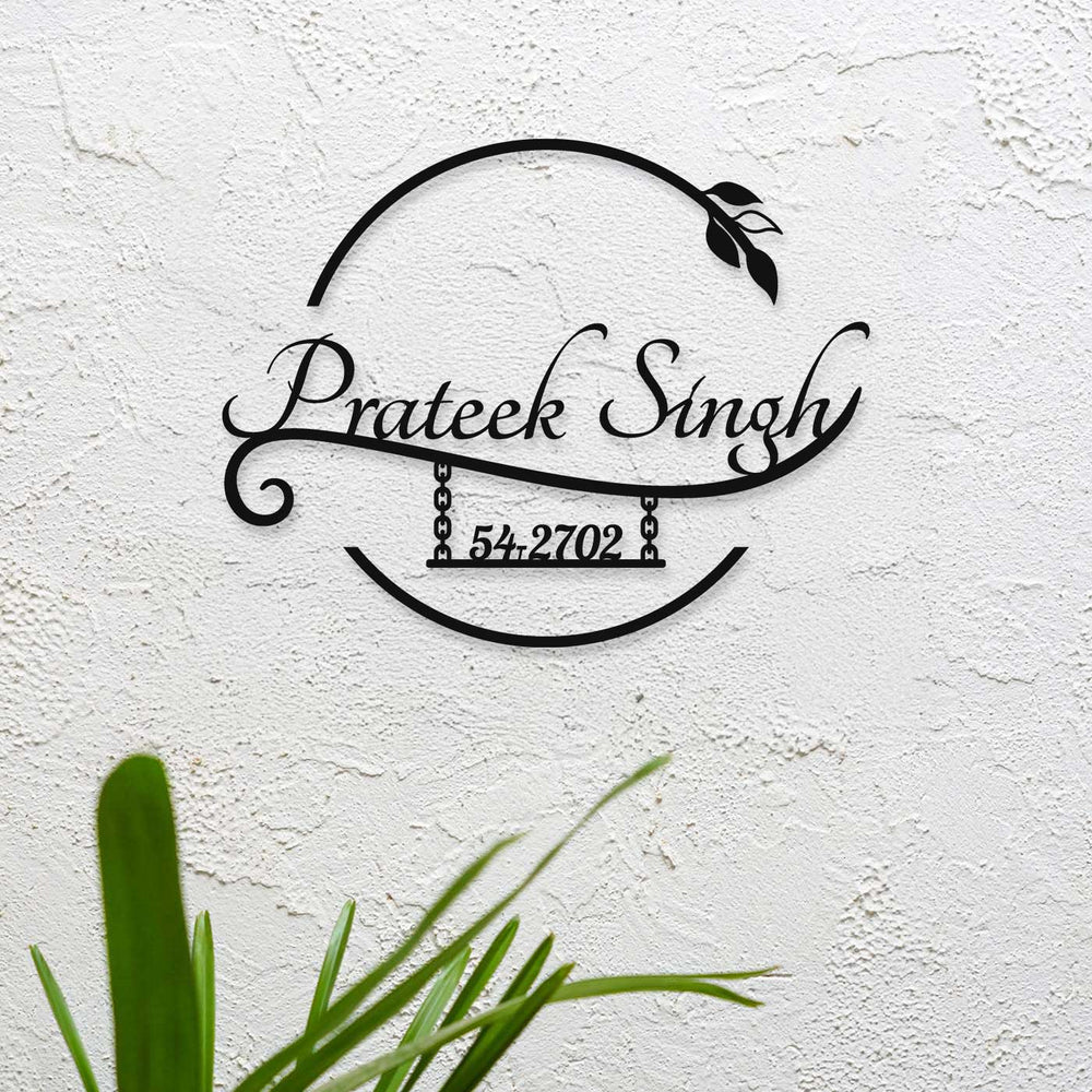 Personalized Laser Cut Elegant Design Steel Name Plate 1 - Mounted on Textured Wall Front View