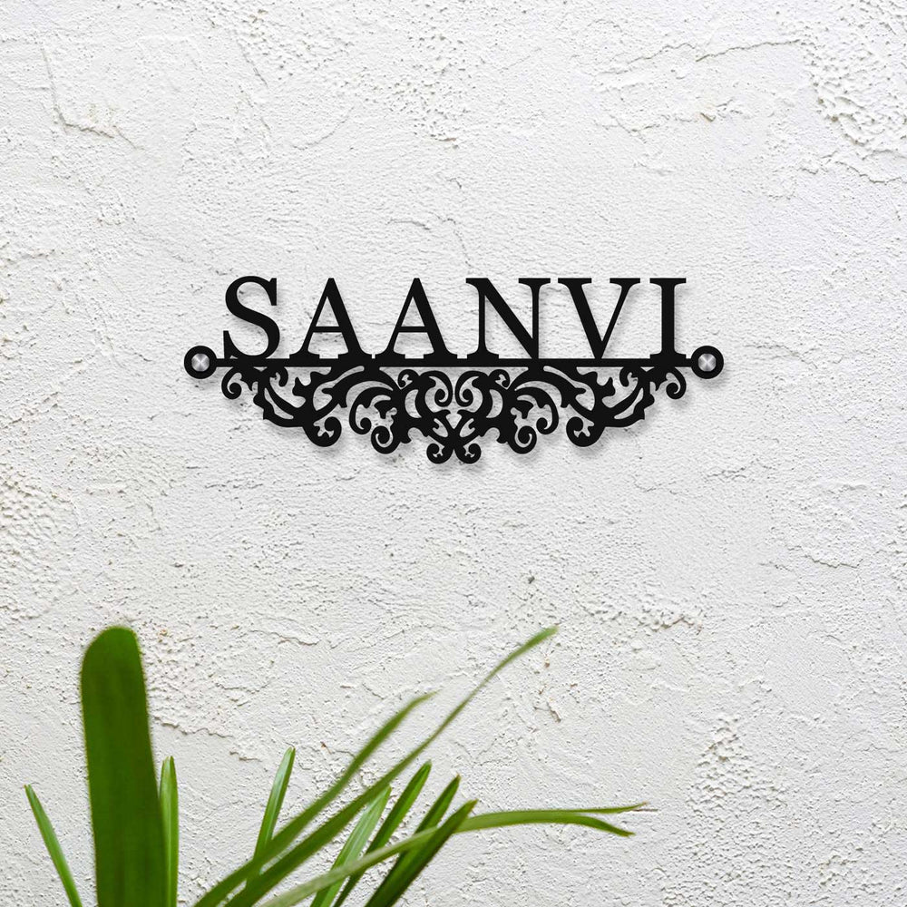 Personalized Laser Cut Minimalist Steel Name Plate - Mounted on Textured Wall Front View