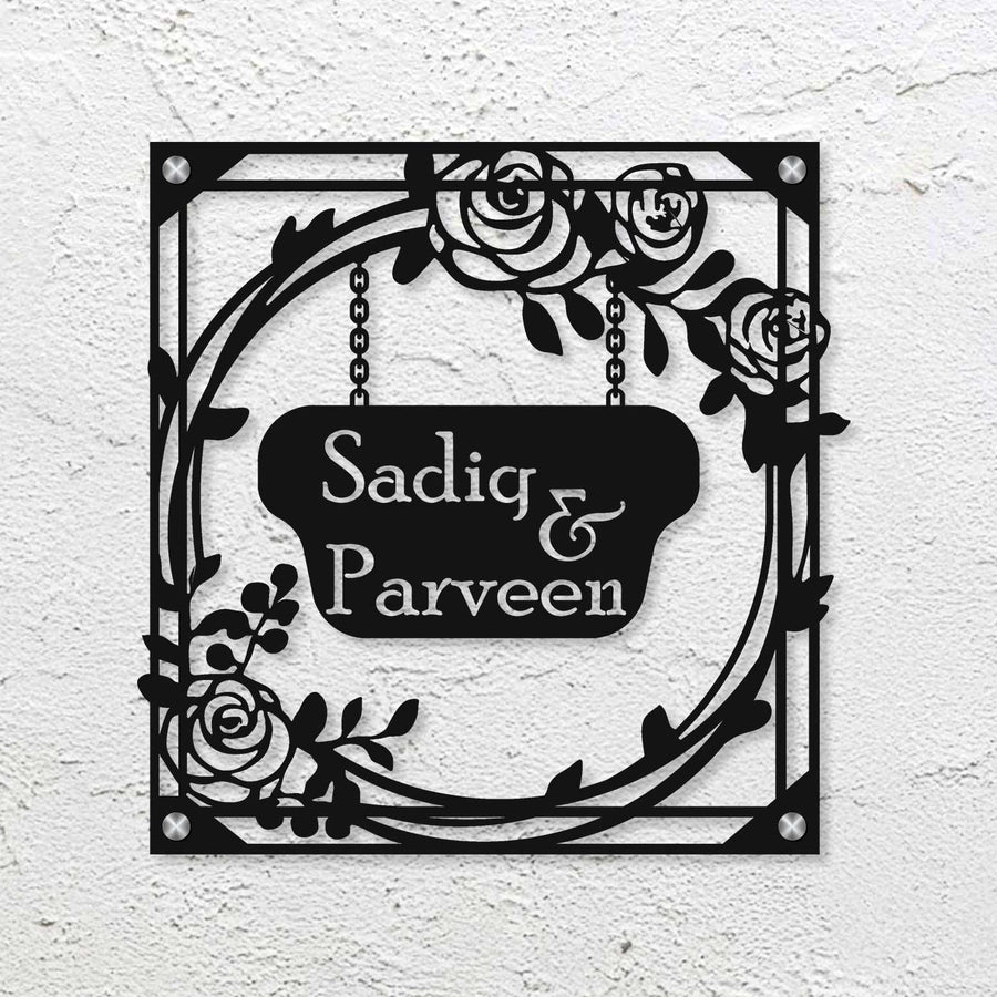 Personalized Laser Cut Rose Theme Steel Name Plate - Front View Mounted on Wall