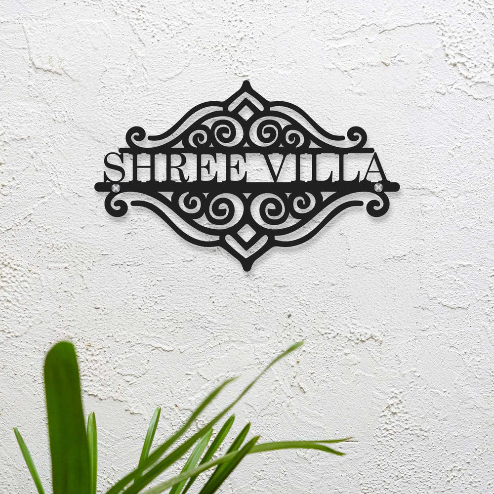 Personalized Laser Cut Sleek Design Steel Name Plate - Mounted on Exterior Wall Close-up