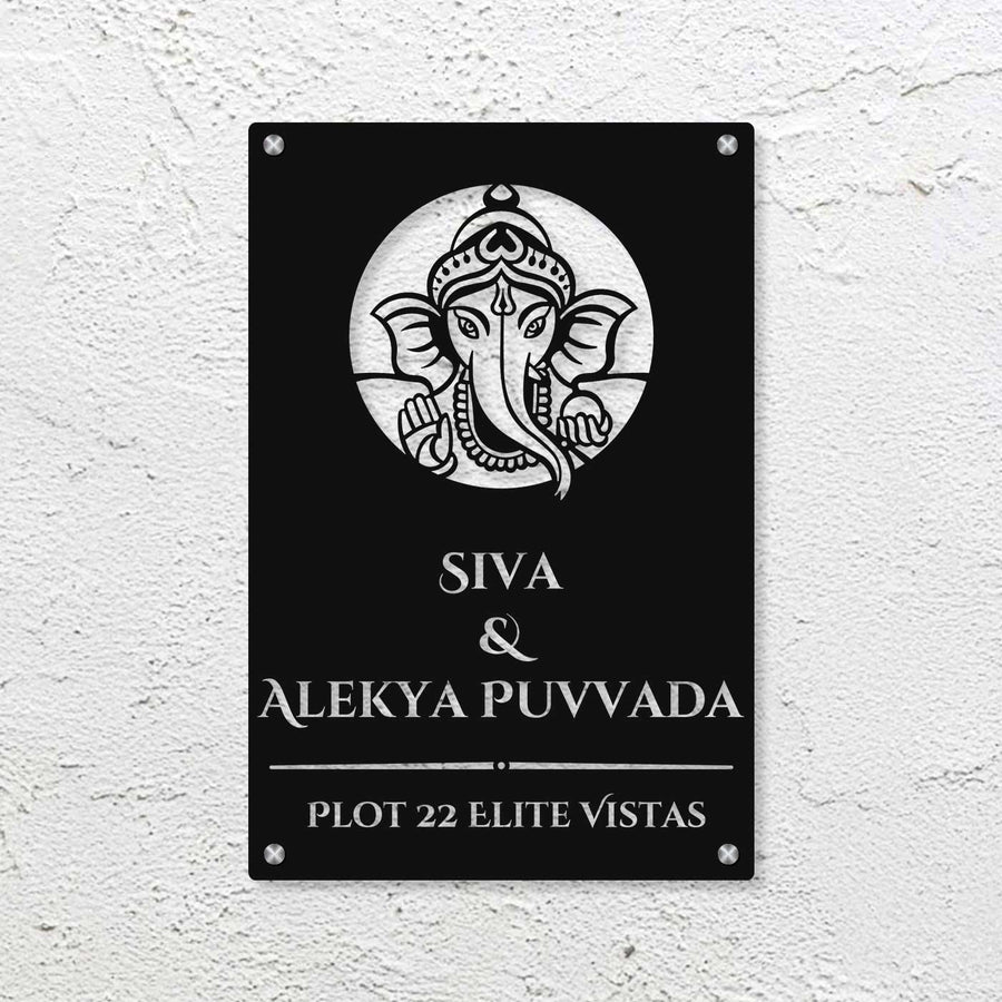 Personalized Laser Cut Ganesha Theme Steel Vertical Name Plate - Mounted on Wall Close-up Front View