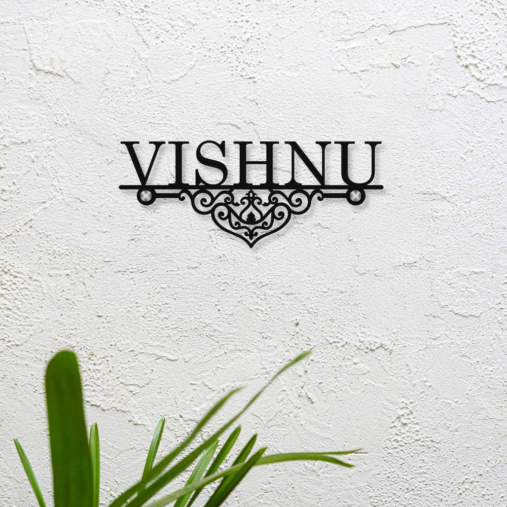 Personalized Laser Cut Elegant Design Steel Name Plate - Mounted on Textured Wall