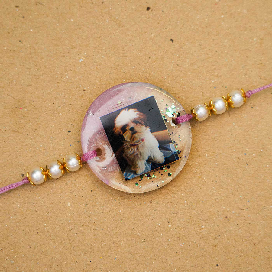 Photo Personalized Reusable Resin Rakhi With Roli Chawal - Close-up of Photo Charm Bracelet