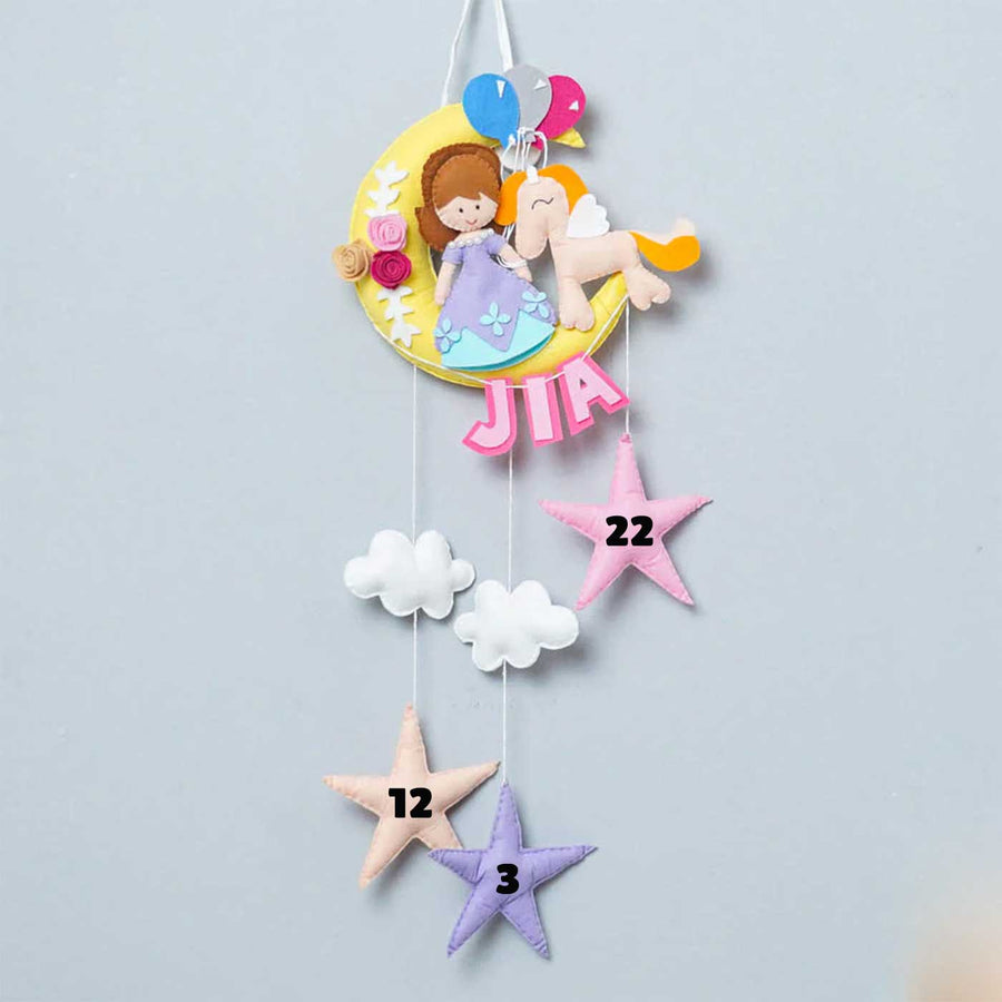 Handmade Princess On The Moon Kids Felt Name Hanging With Birthdate - Front View Hanging from Ribbon