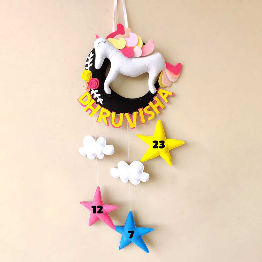 Handmade Unicorn On The Moon Kids Felt Name Hanging 1 With Birthdate - Hanging Personalized Name Display