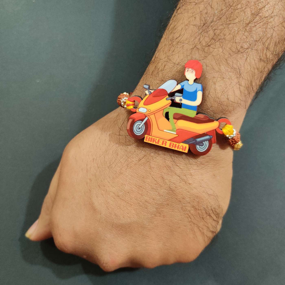 Handmade Printed Biker Bhai Wooden Rudraksha Rakhi With Roli Chawal - On Wrist Display