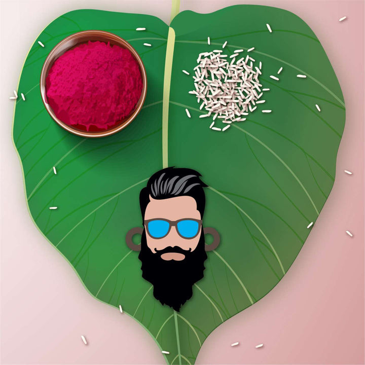 Handmade Printed Dashing Bhai Wooden Rudraksha Rakhi With Roli Chawal - Flat Lay on Leaf with Red Background