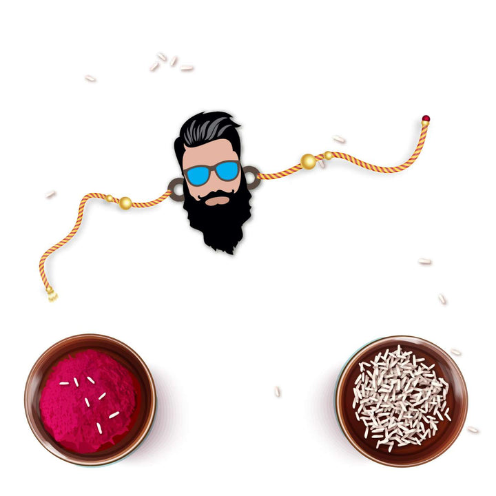 Handmade Printed Dashing Bhai Wooden Rudraksha Rakhi With Roli Chawal - Flat Lay with Rice and Powder