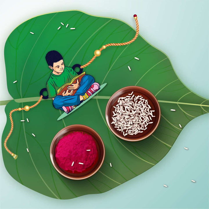 Handmade Printed Padhaku Bhai Wooden Rudraksha Rakhi With Roli Chawal - Rakhi styled on leaf with bowls