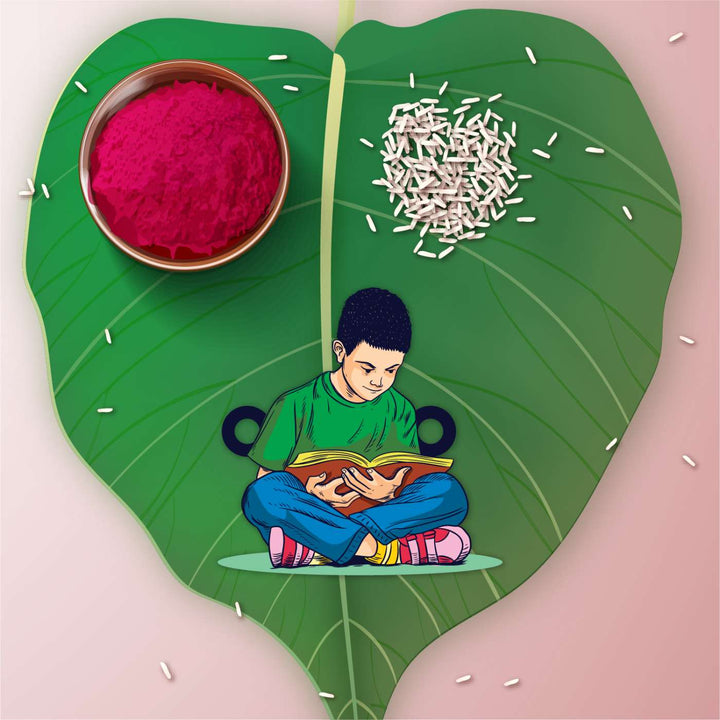 Handmade Printed Padhaku Bhai Wooden Rudraksha Rakhi With Roli Chawal - Rakhi on leaf with scattered rice