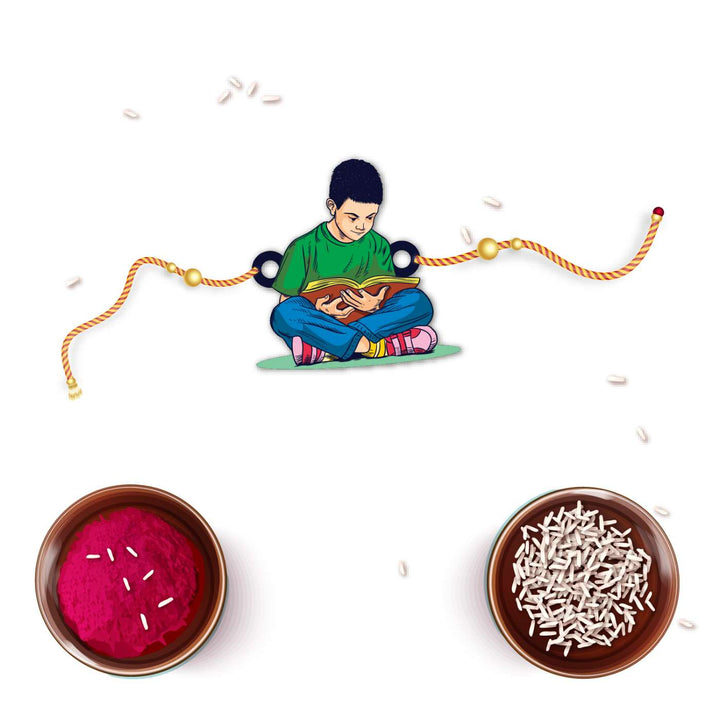Handmade Printed Padhaku Bhai Wooden Rudraksha Rakhi With Roli Chawal - Flat lay with rice and color powder