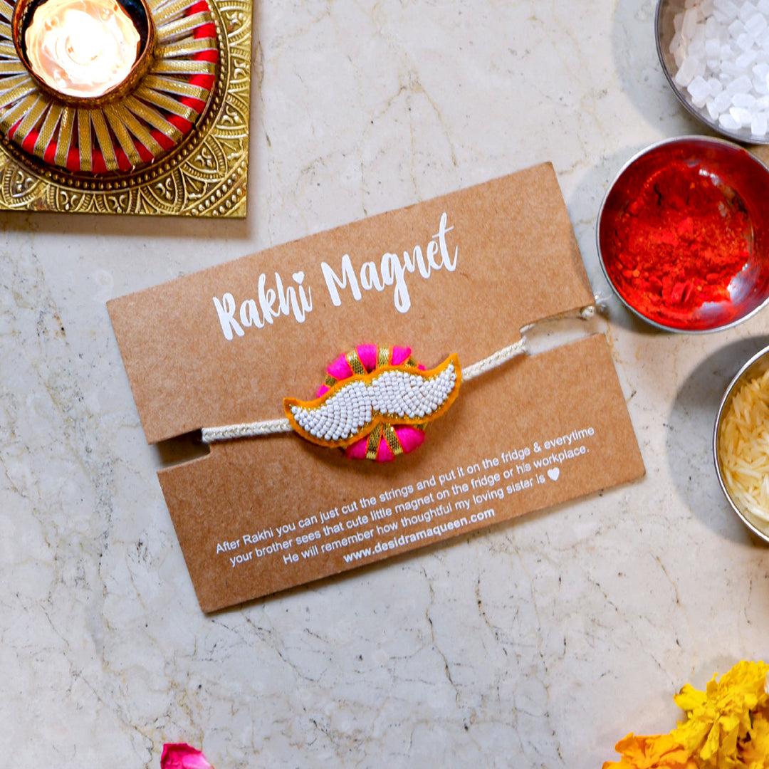 Handmade Reusable White Mustach Felt Rakhi For Brother - In Packaging
