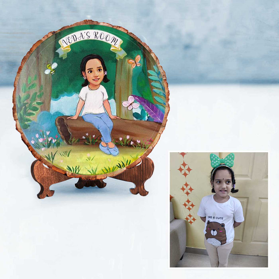 Photo Caricature Bark Nameplate With Stand For Kids 7 - Front View with Stand and Photo Comparison