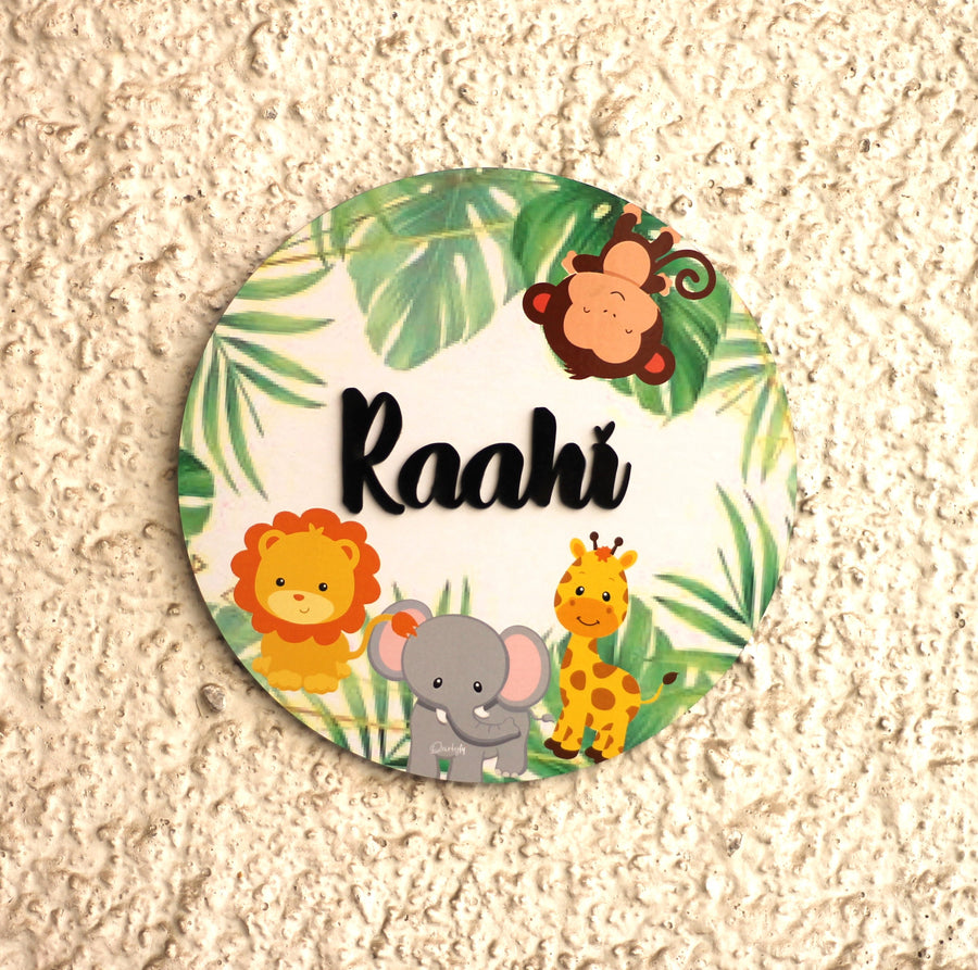 Personalized Printed Animal Kingdom Mdf Wood Kids Name Plate With 3D Letters - Mounted on Textured Wall Close-up