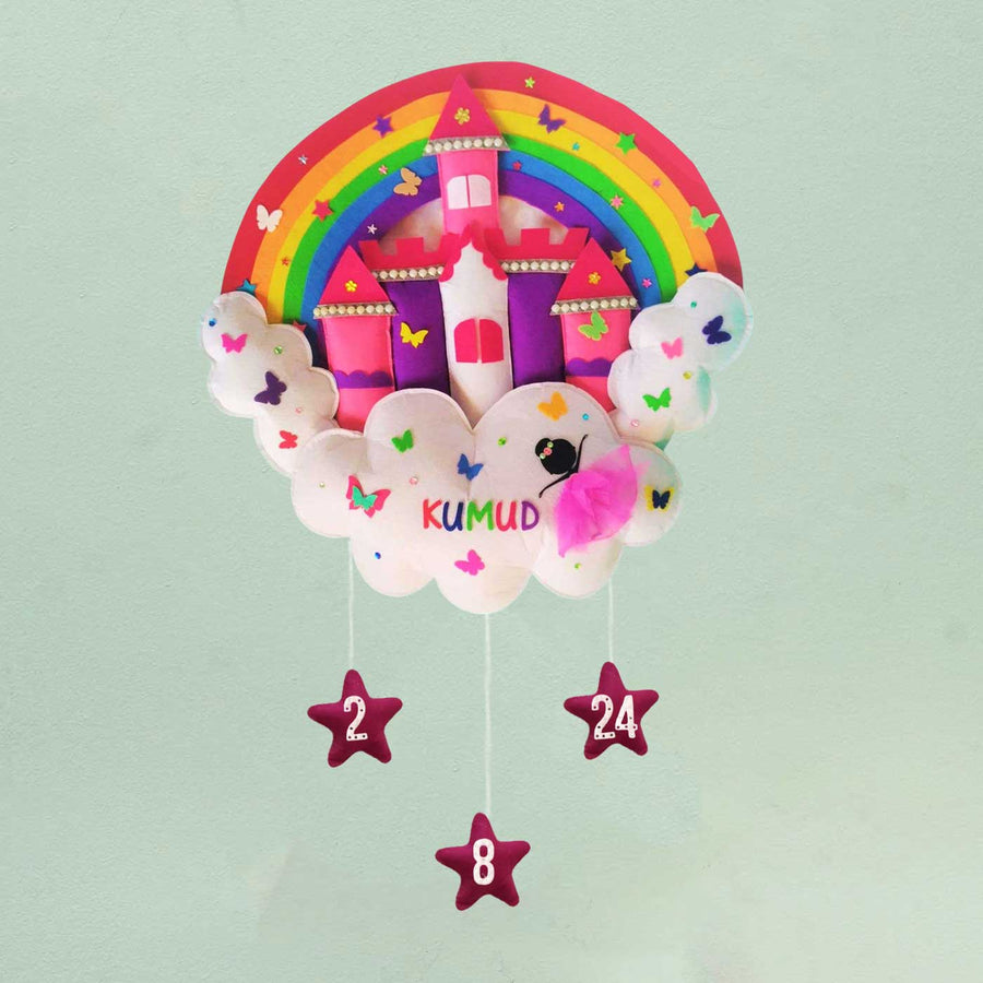 Personalized Handmade Rainbow Castle Felt Name Plate - Front View Hanging Nursery Decor