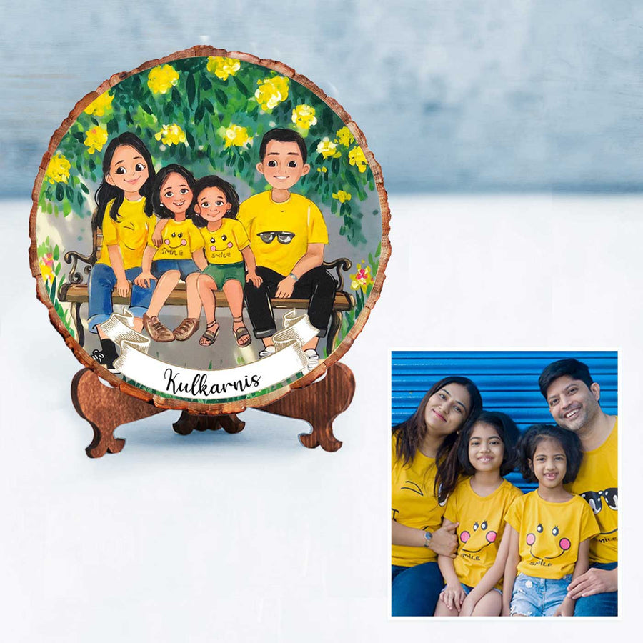 Photo Caricature Bark Nameplate With Stand For Small Family 1 - Personalized Caricature Display with Photo