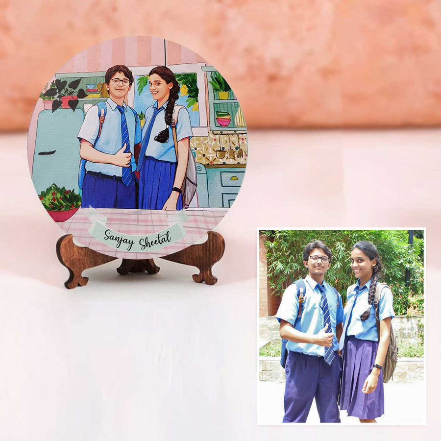 Photo Caricature Name Plate With Stand 11 For Siblings - Front View with Personalized Names