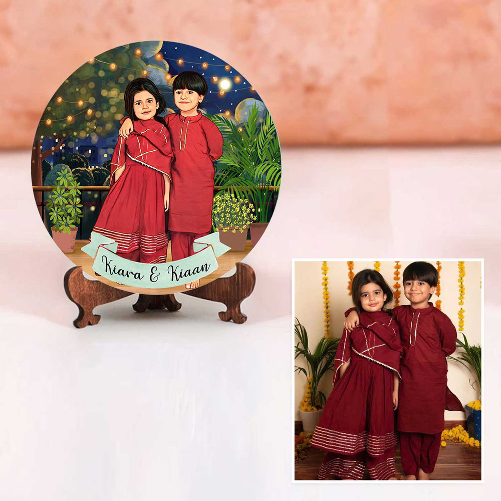 Photo Customized Rakhi Hamper With Caricature Nameplate 3 - Front View with Reference Photo
