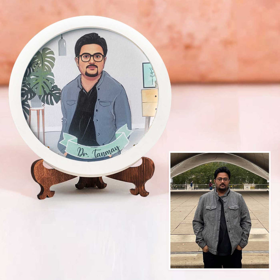 Photo Caricature Nameplate With Stand For Individuals 10 - Front View with Personalized Portrait
