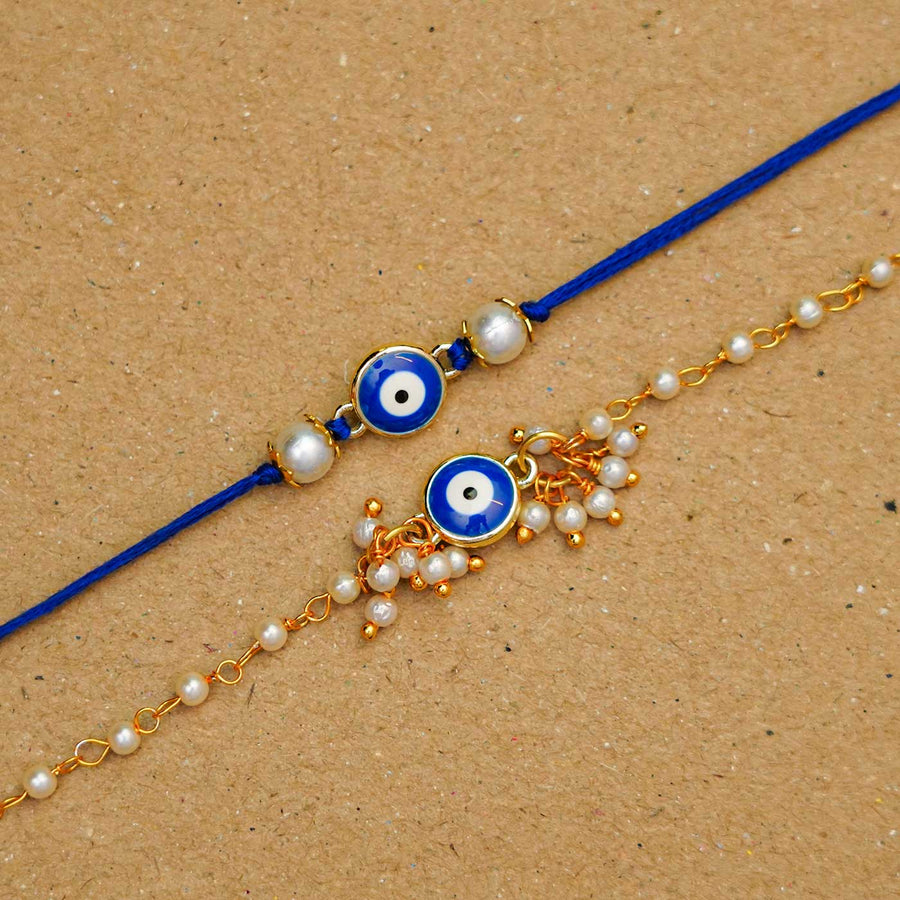 Resuable Evil Eye Bracelet And Rakhi With Roli Chawal For Bhaiya And Bhabhi Set Of 2 - Close-up of two bracelets