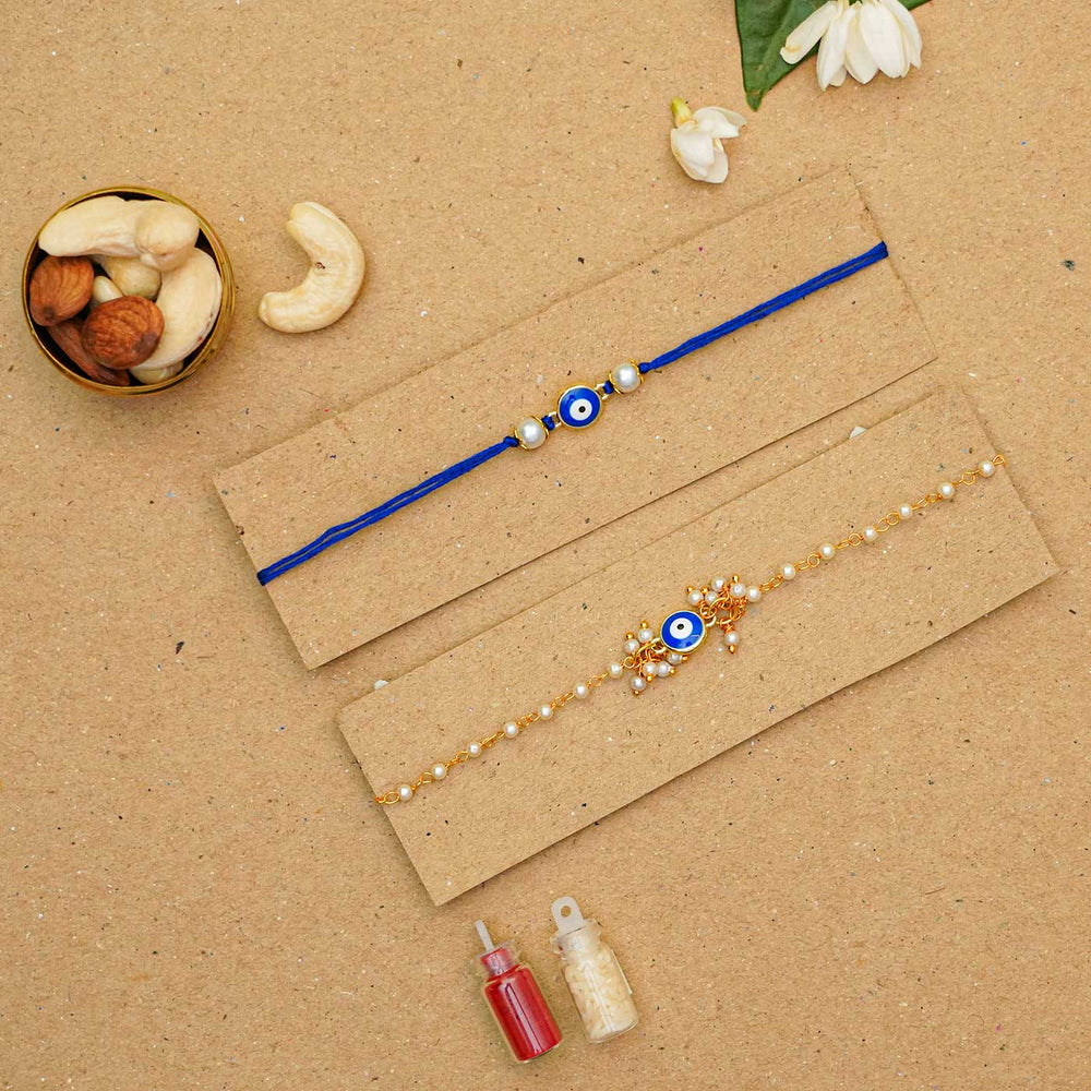 Resuable Evil Eye Bracelet And Rakhi With Roli Chawal For Bhaiya And Bhabhi Set Of 2 - Bracelets on packaging card