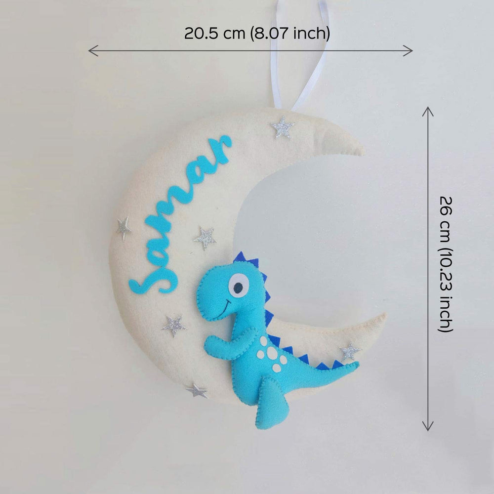 Handmade Personalized Dino On Moon Felt Kids Name Hanging 1 - Front View with Dimensions