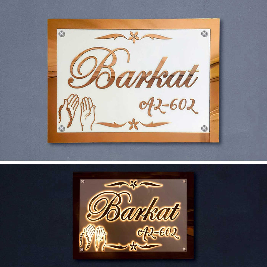 Personalized Waterproof Rose Gold Embossed Acrylic Led Name Plate - Front and Illuminated Back View Mounted