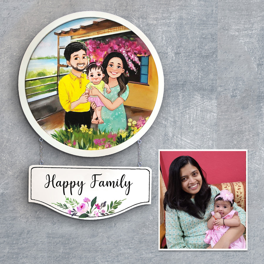 Photo Caricature Hanging Nameplate For Small Family 11 - Wall Hanging Personalized Portrait