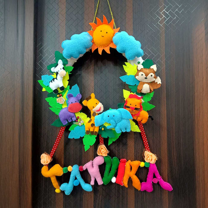 Personalized Round Animal Theme Felt Kids Name Plate - Hanging on Door Close-up View