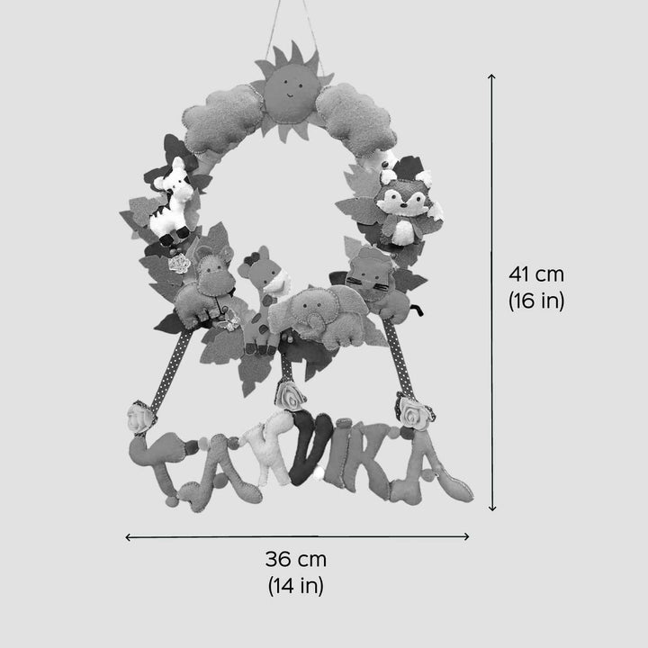 Personalized Round Animal Theme Felt Kids Name Plate - Front View with Dimensions