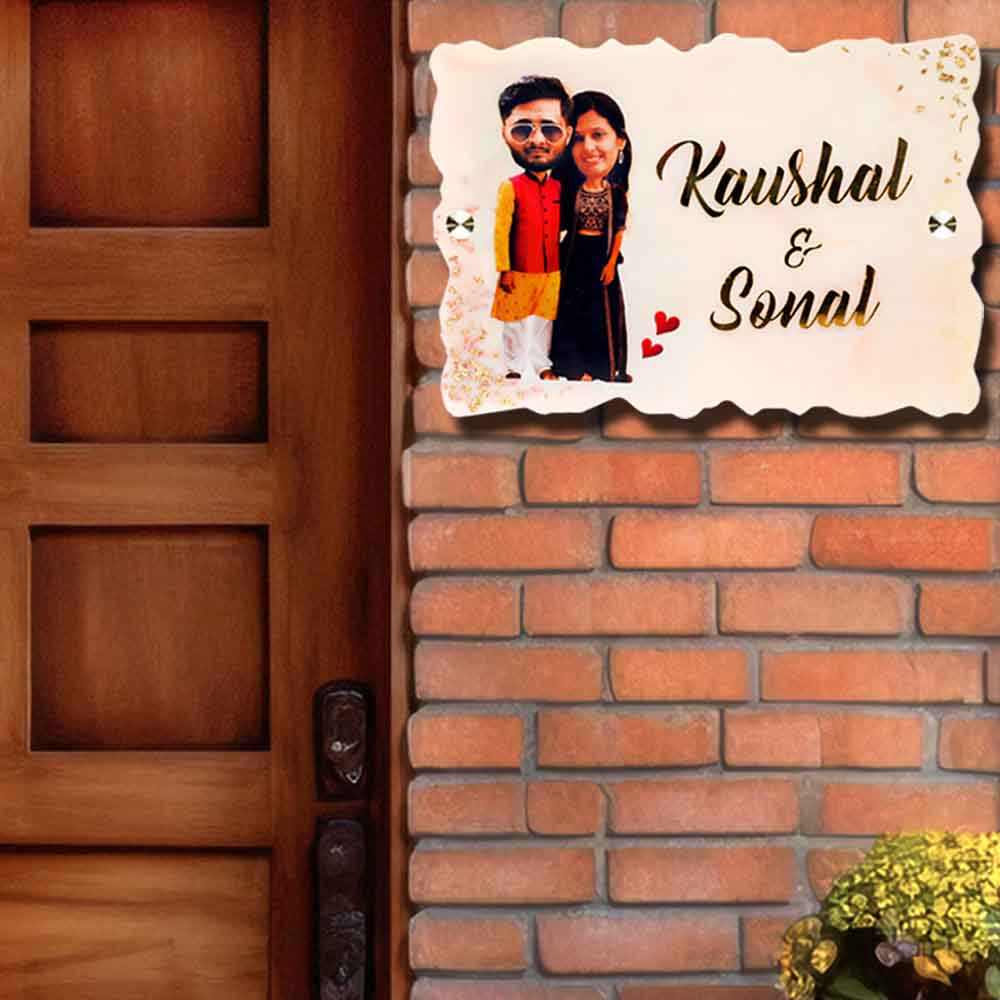 Photo Personalized Handmade Caricature Resin Name Plate - Mounted on Brick Wall Near Door